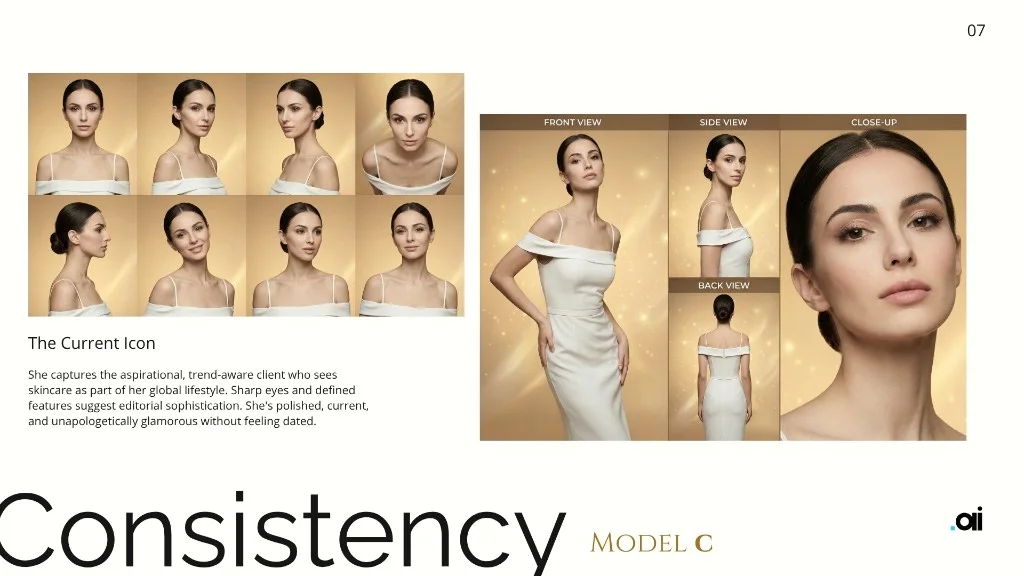 AI character consistency sheet used to keep the Ingrid Millet AI avatar identical across every asset